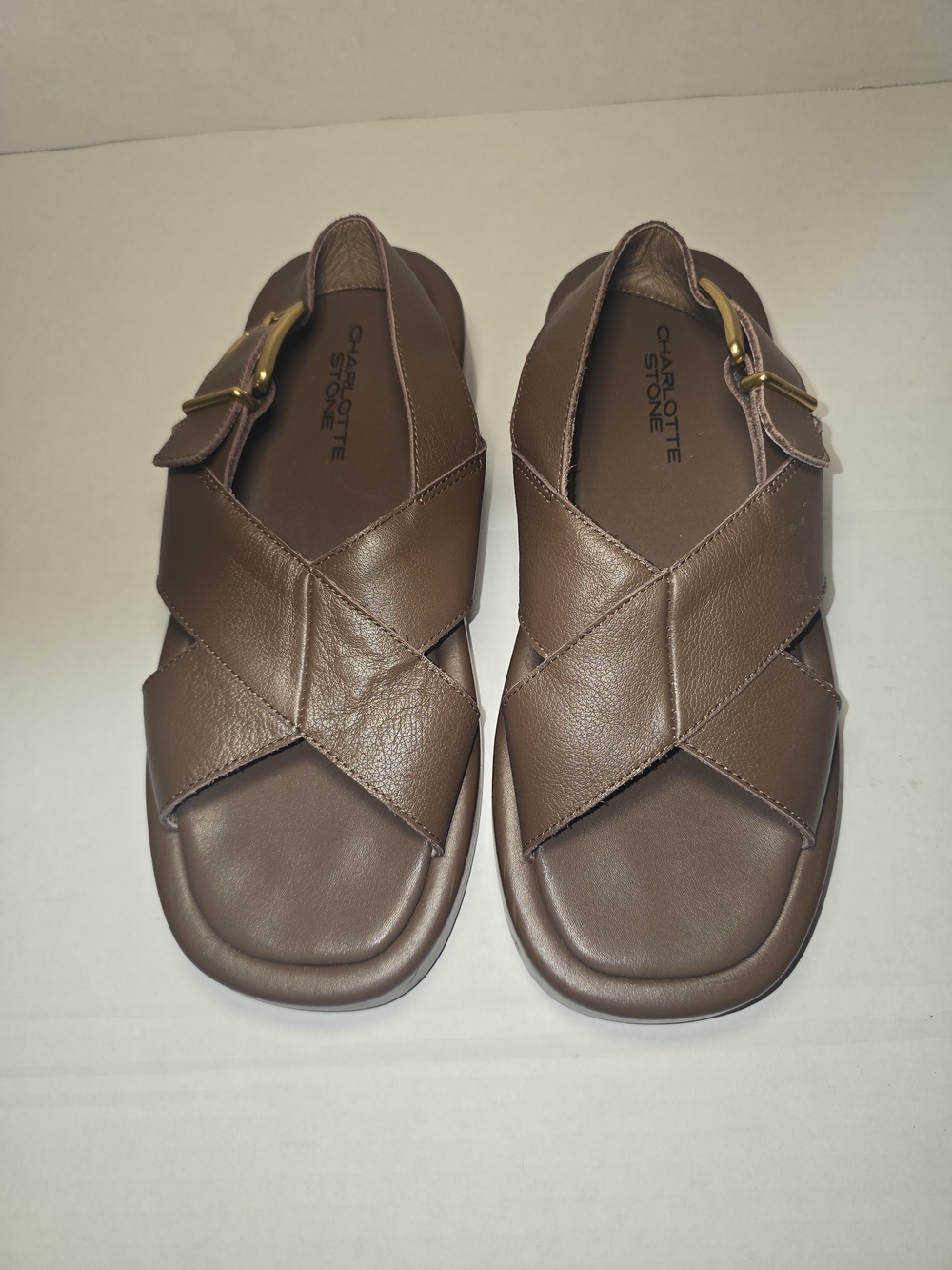 Charlotte Stone Brown Leather Cross-Strap Sandals with Gold Buckle